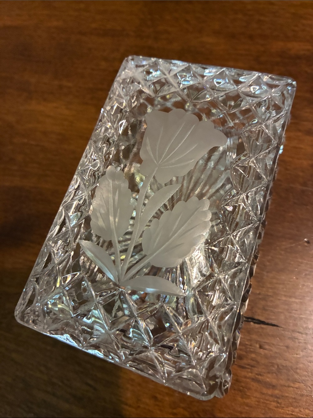 Vintage Cut Glass Trinket Box Lidded Frosted Floral Etched Crystal Jewelry Dish